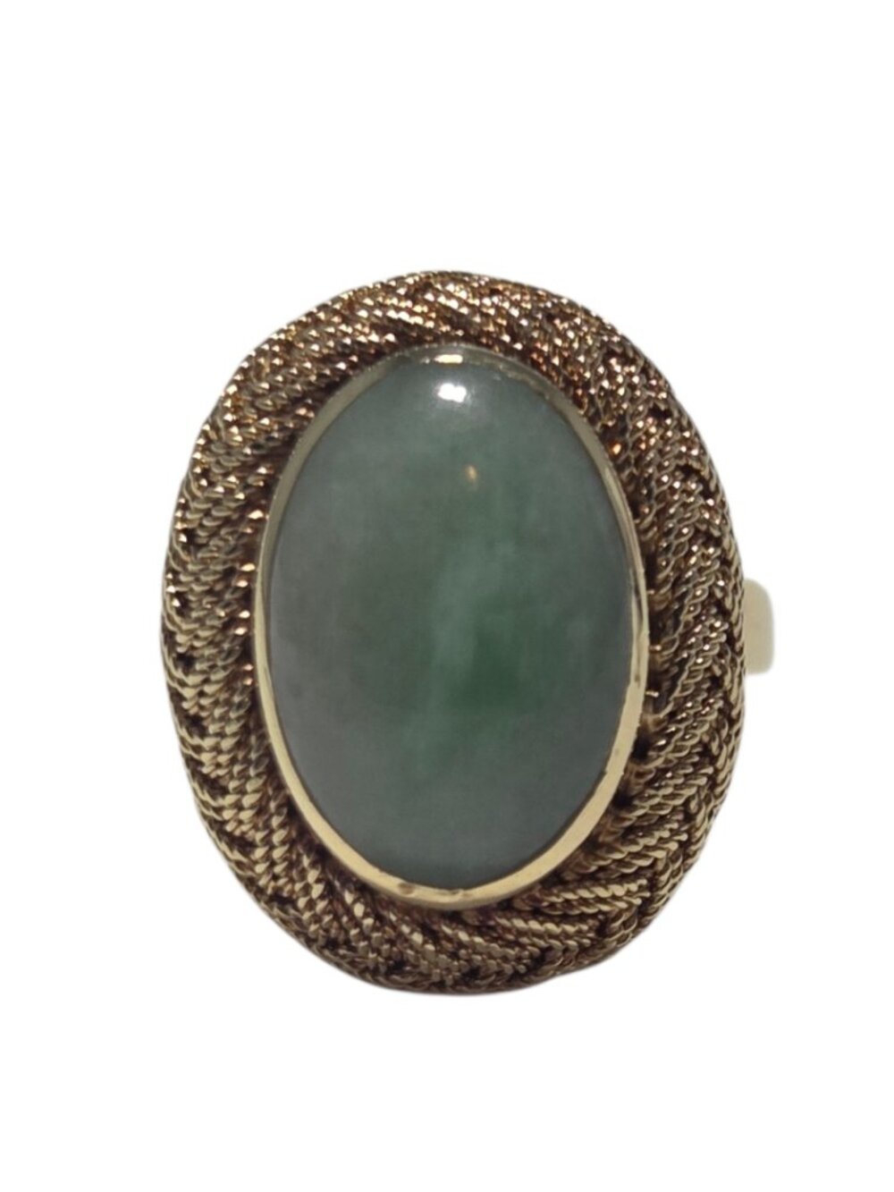 18K Yellow Gold Green Jade Braided Border Cocktail Ring Size 5.25 #25082